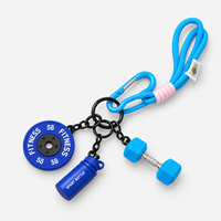 Blue gym fitness keychain with mini dumbbell, weight plate and shaker bottle
