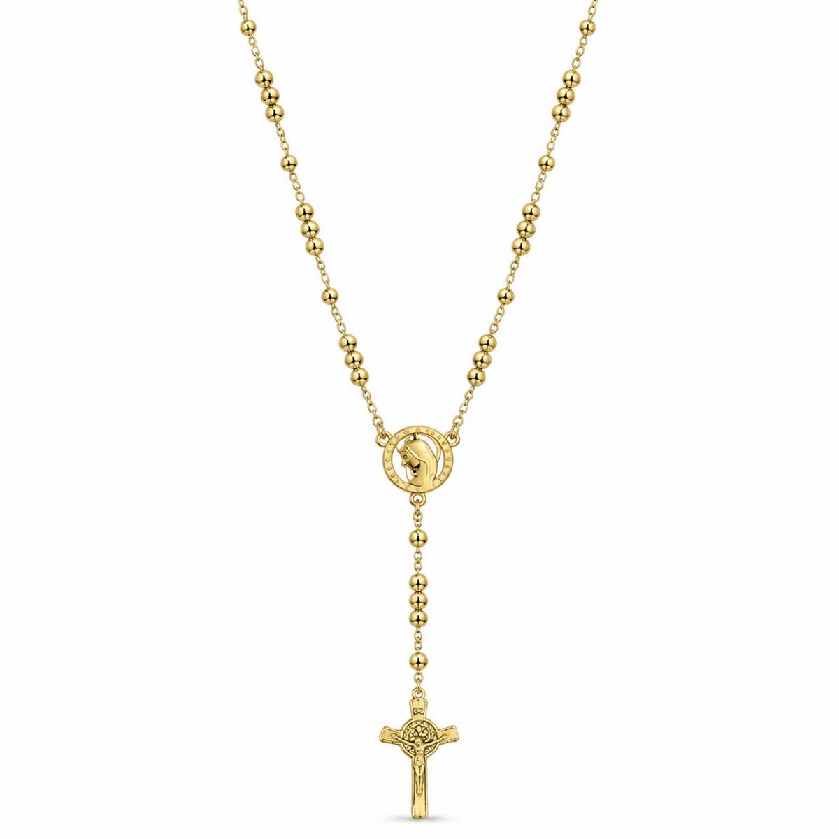 Gold rosary necklace with an openwork Virgin Mary medallion and crucifix