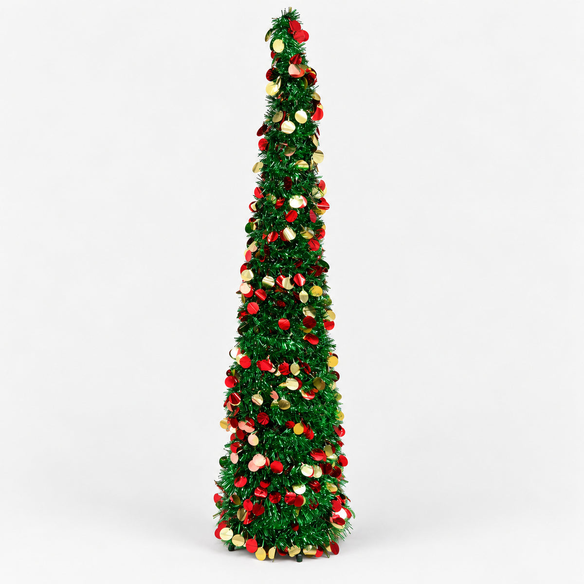 Green tinsel cone Christmas tree with red and gold sequin dots