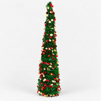 Green tinsel cone Christmas tree with red and gold sequin dots