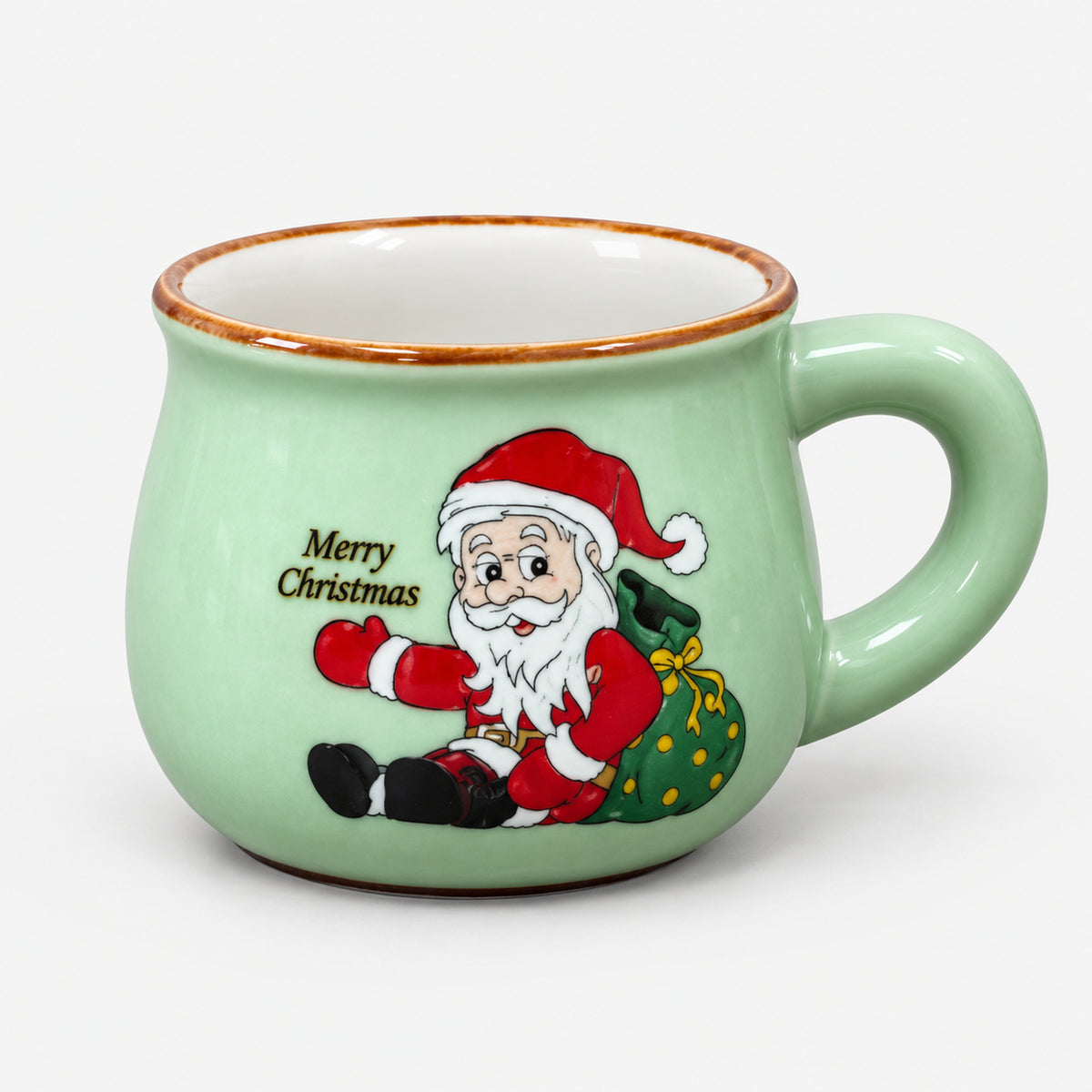 Mint rounded Christmas mug with Santa and a green sack
