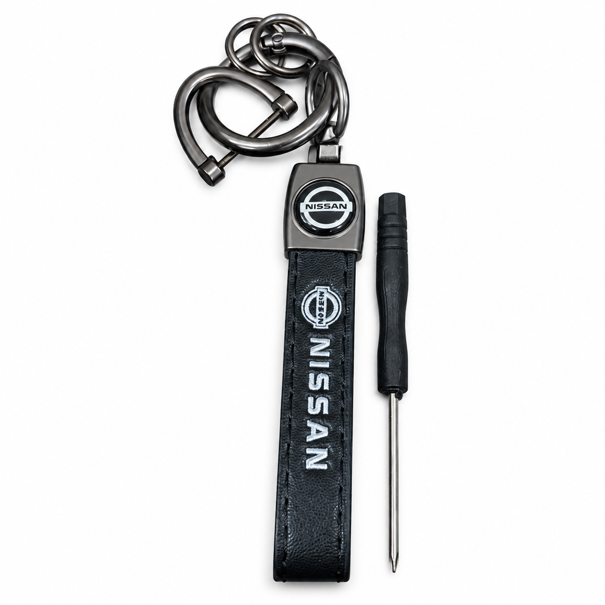 Nissan leather keychain with metal clip and screwdriver