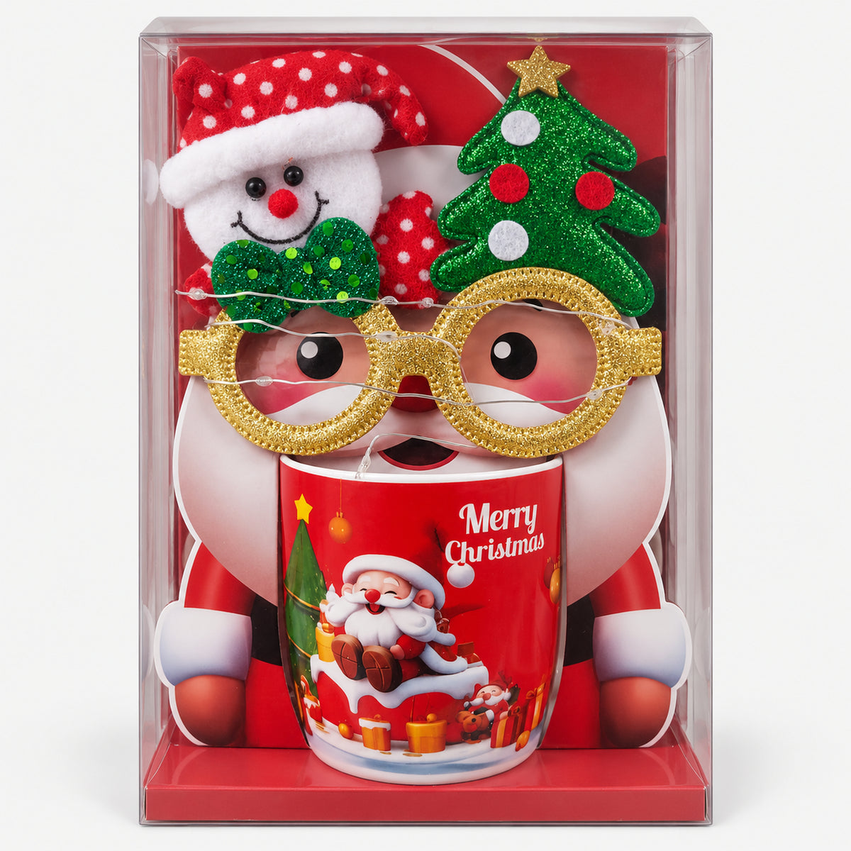 Christmas mug with red Santa in snow design and party glasses in a gift box