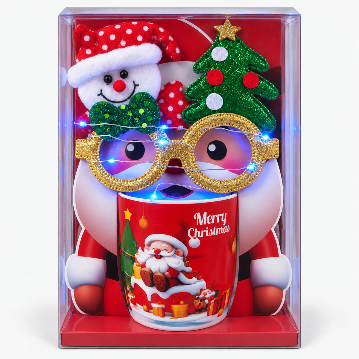 Christmas mug gift box with red Santa in snow design and light-up glasses switched on