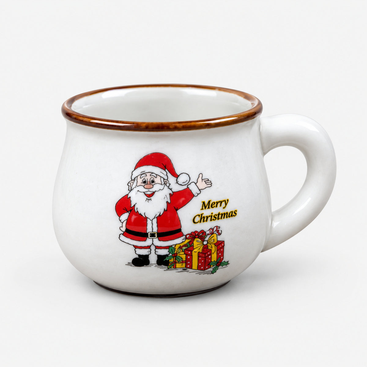 White large rounded Christmas mug with Santa waving next to a pile of gifts