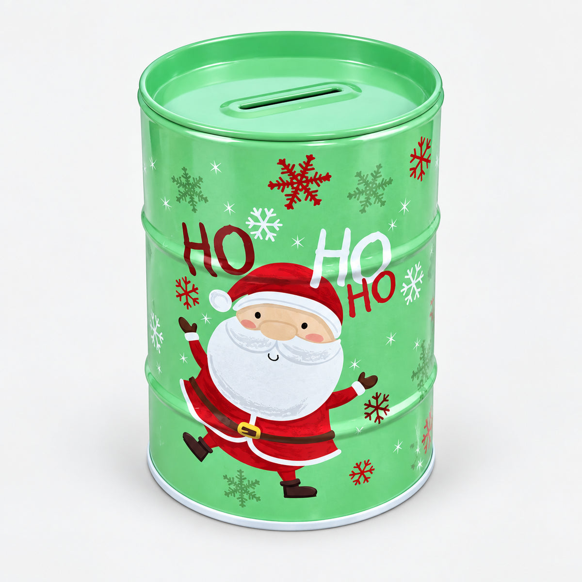 Green Christmas money saving tin with a waving Santa