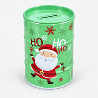 Green Christmas money saving tin with a waving Santa