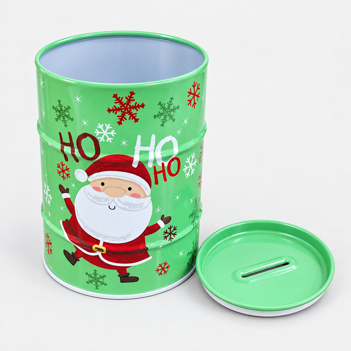 Green Santa Christmas money tin open, with its money slot lid off