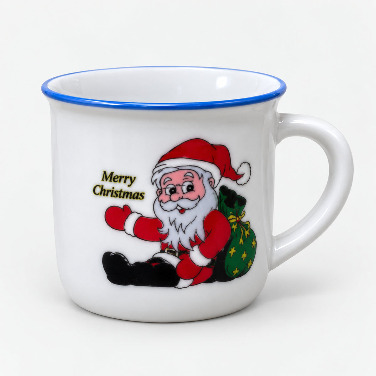 White Christmas mini mug with a blue rim and Santa with a green sack