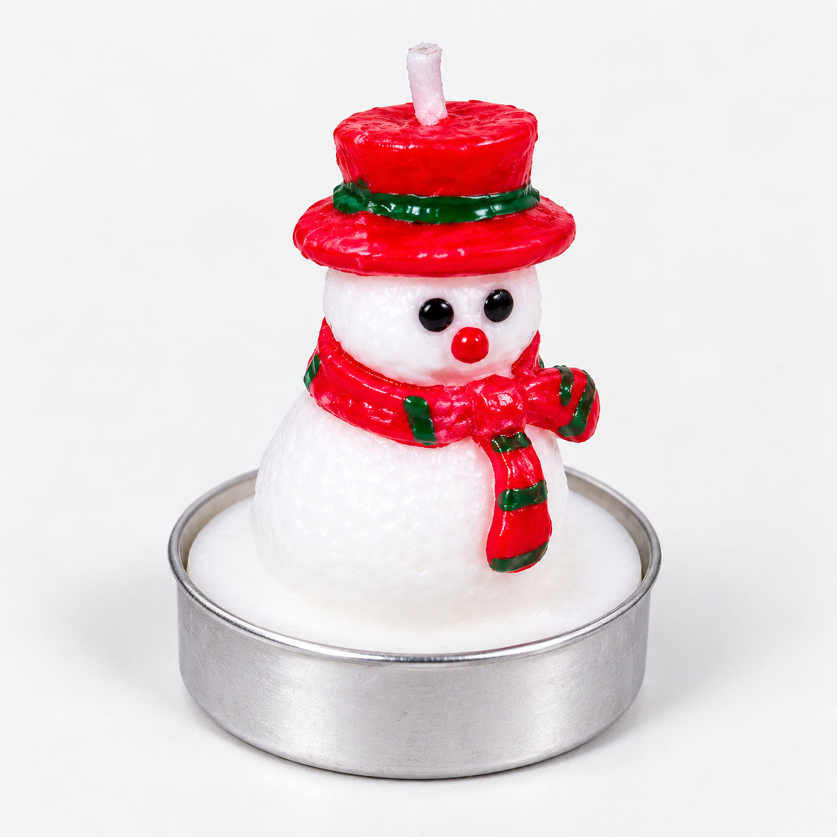Snowman tea light candle with a red top hat and scarf