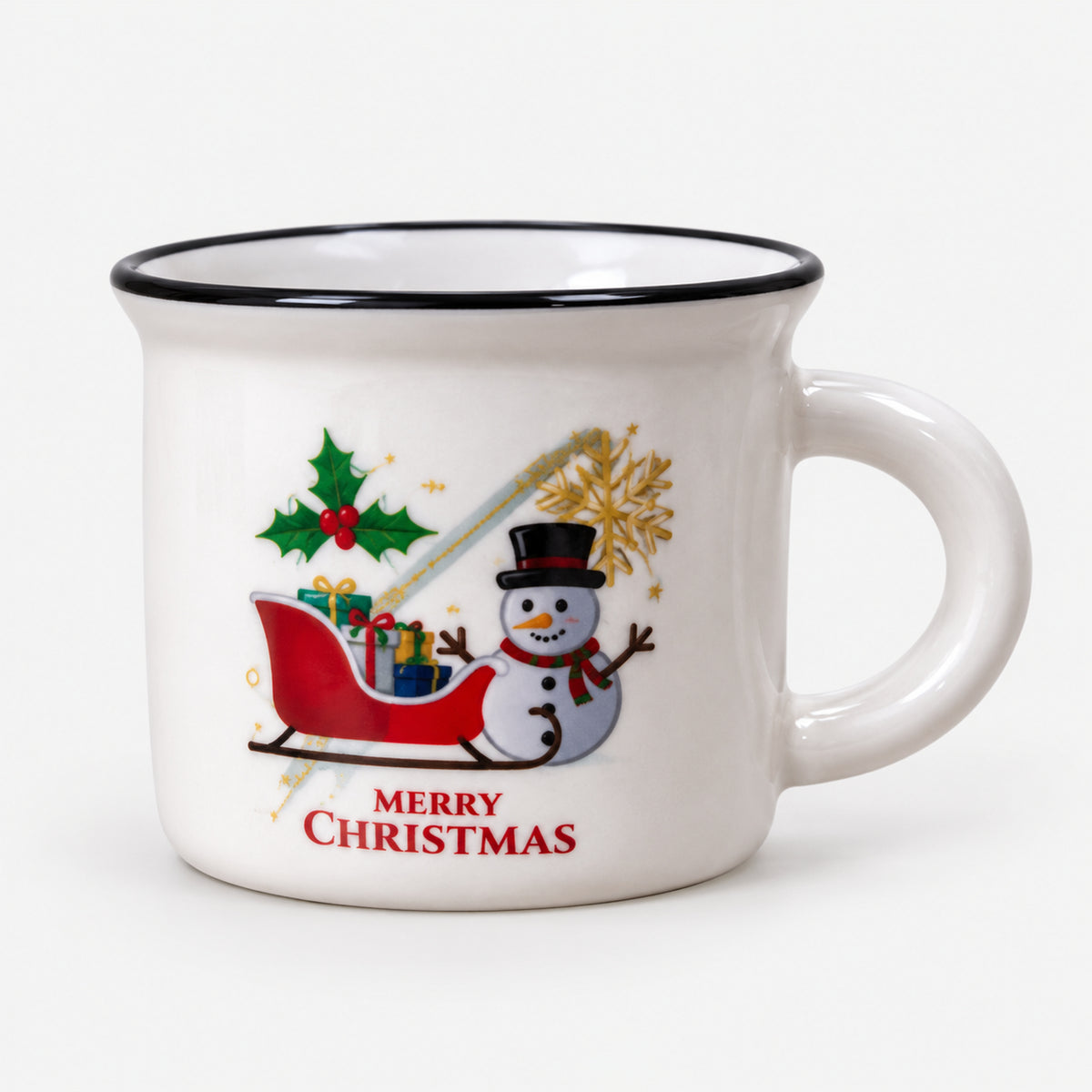 White Christmas mug with black trim, snowman and red sleigh design