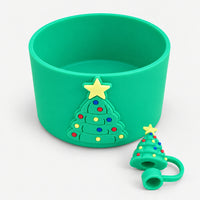 Green silicone tumbler boot with Christmas tree and matching straw topper