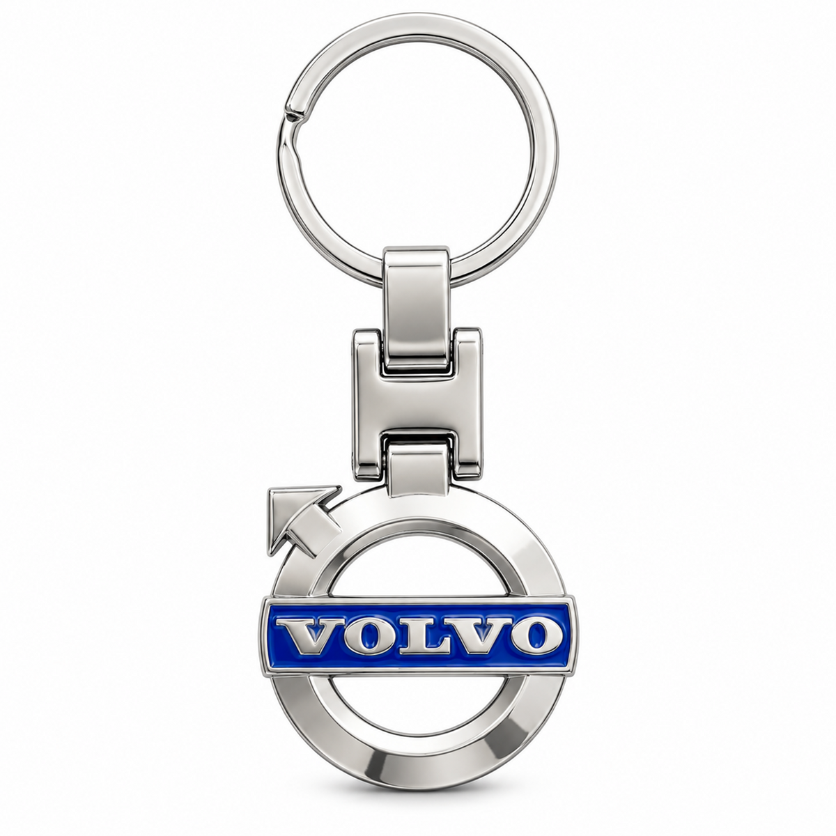 Metal car logo keychain with a round blue and silver logo