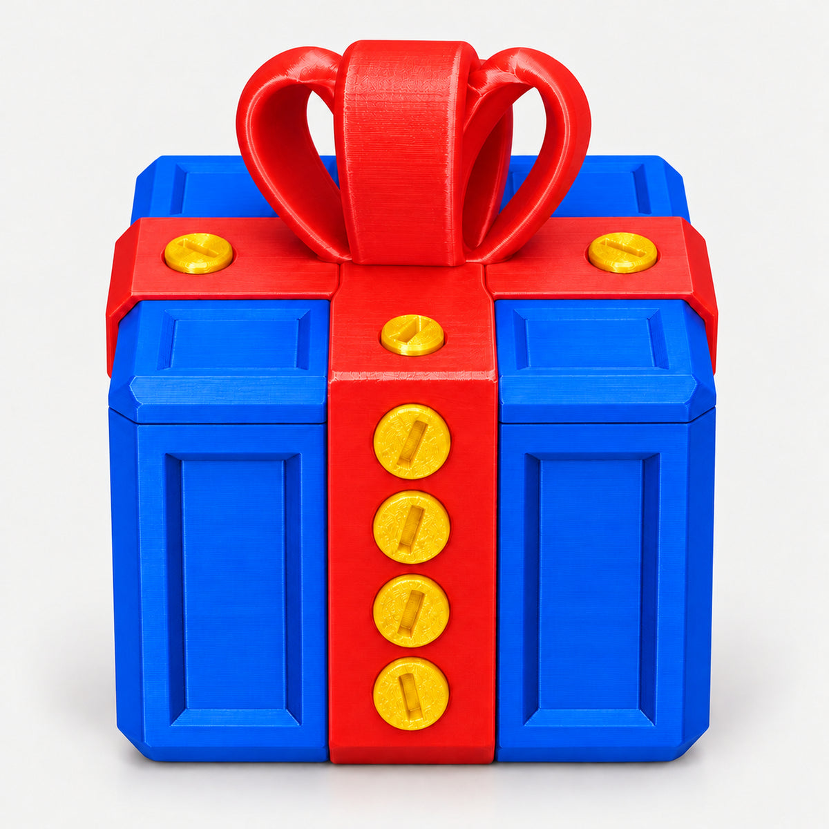 Blue and red screw puzzle prank gift box with a bow on top