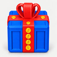 Blue and red screw puzzle prank gift box with a bow on top