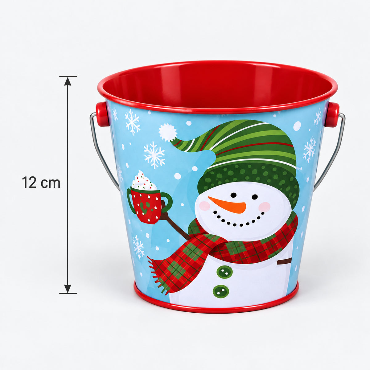 Blue snowman tin bucket measurements: 12 cm high