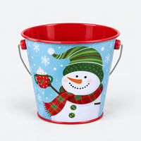 Blue snowman Christmas tin bucket, 12 cm