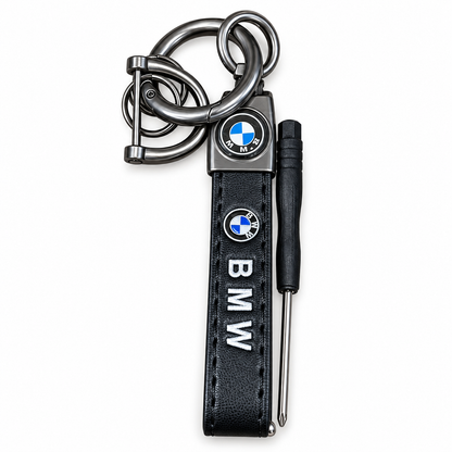 BMW leather keychain with metal clip and screwdriver