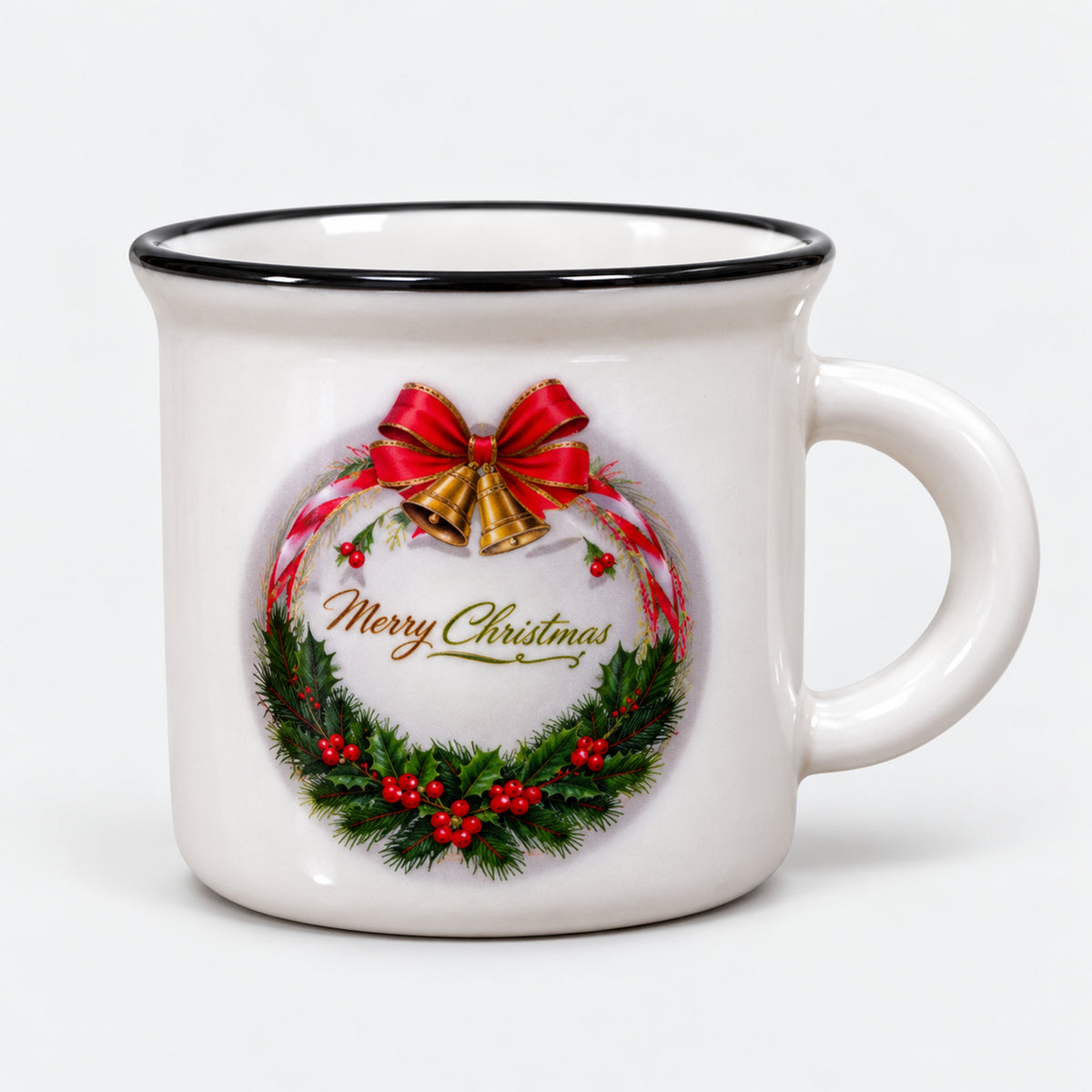 White Christmas mug with black trim, Christmas wreath design