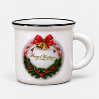 White Christmas mug with black trim, Christmas wreath design