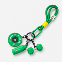 Green gym fitness keychain with mini dumbbell, weight plate and shaker bottle