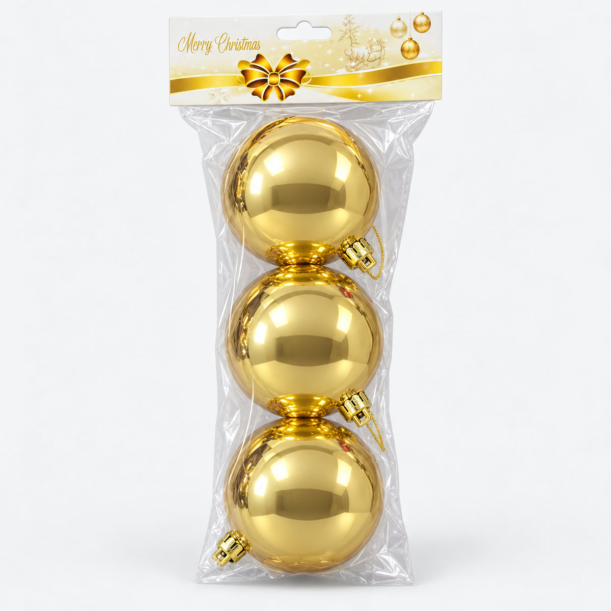 Pack of 3 shiny gold Christmas balls, 10 cm, in its Merry Christmas bag