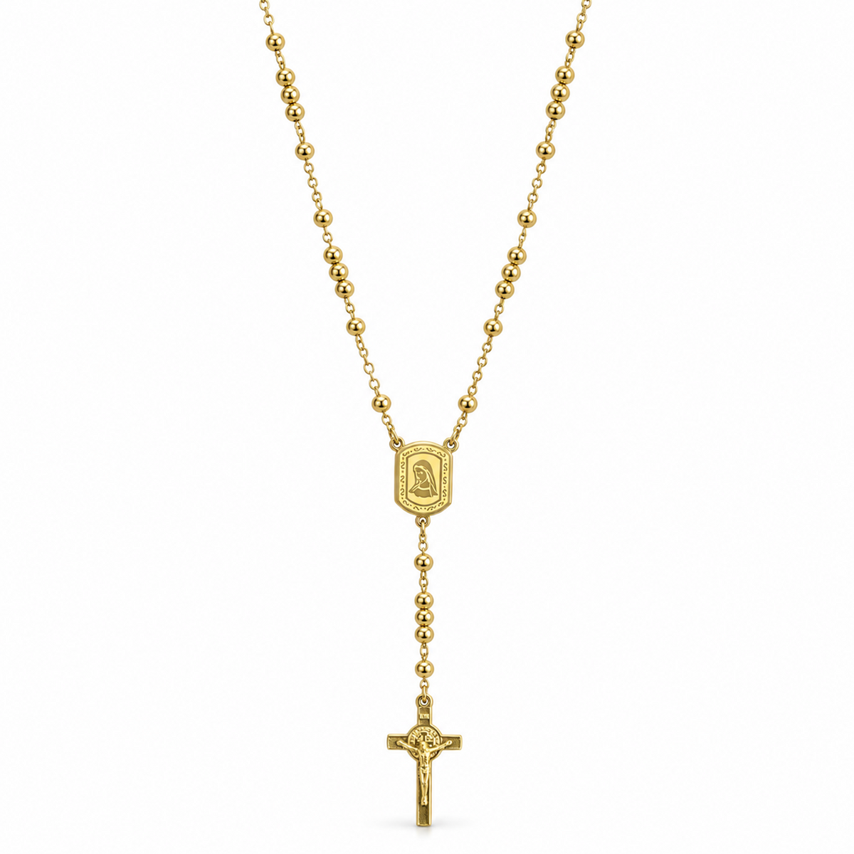 Gold rosary necklace with a rectangular Virgin Mary medallion and crucifix