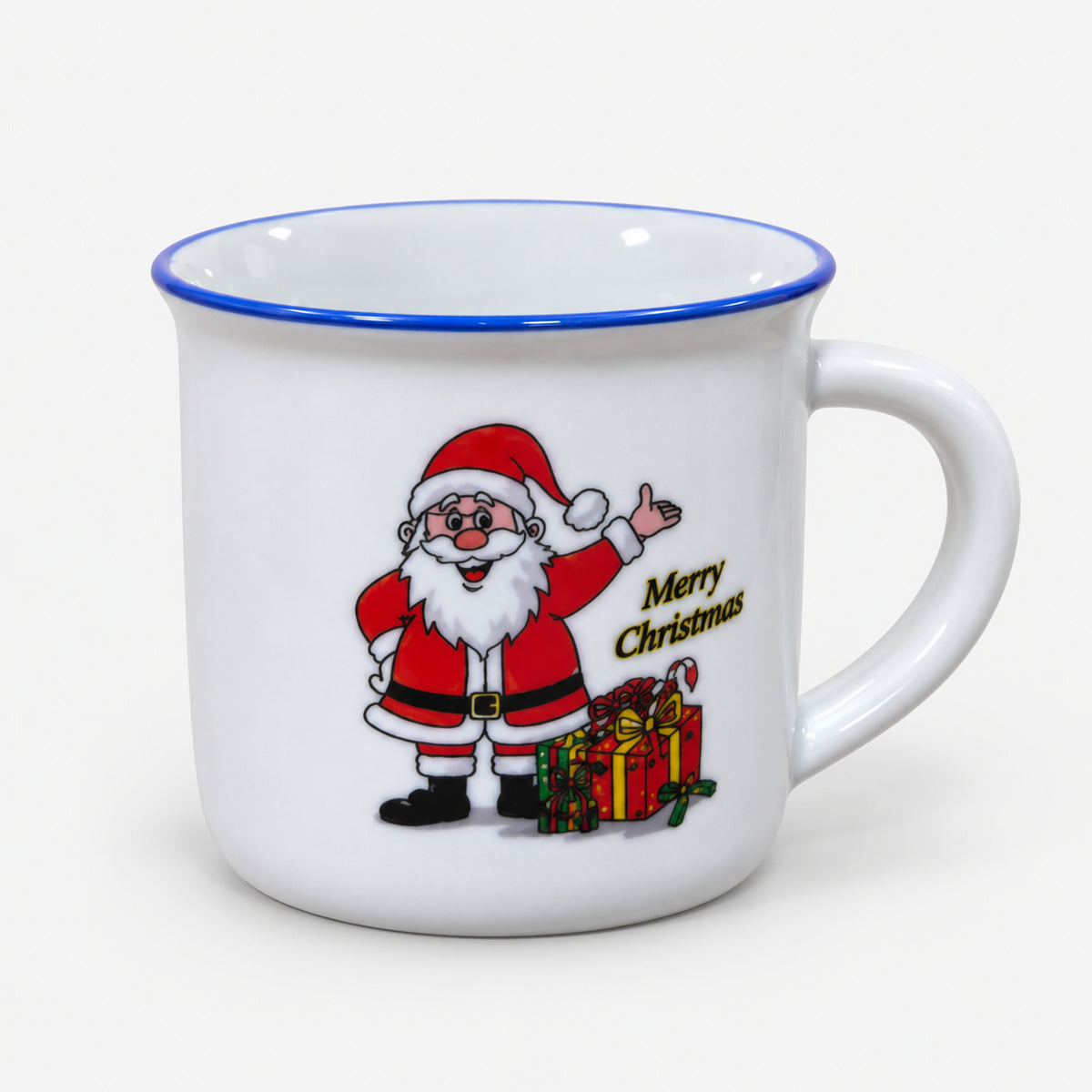 White Christmas mini mug with a blue rim and Santa next to a pile of gifts