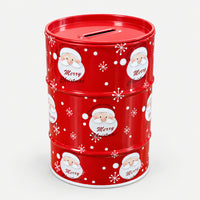 Red Christmas money saving tin with a Santa face pattern