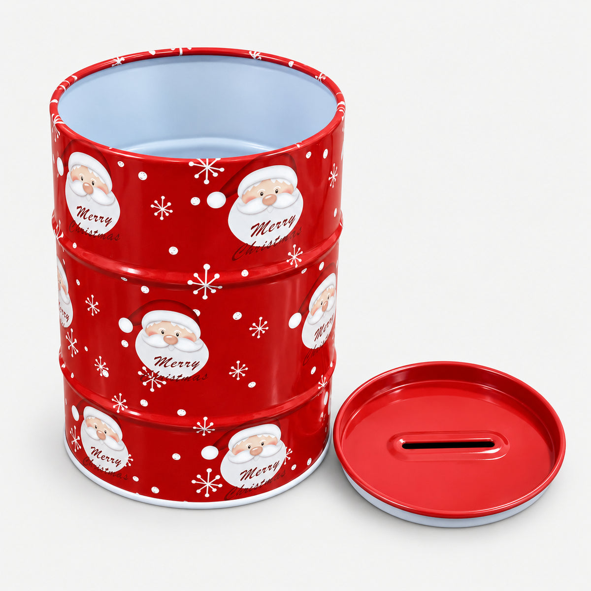 Santa pattern Christmas money tin open, with its money slot lid off
