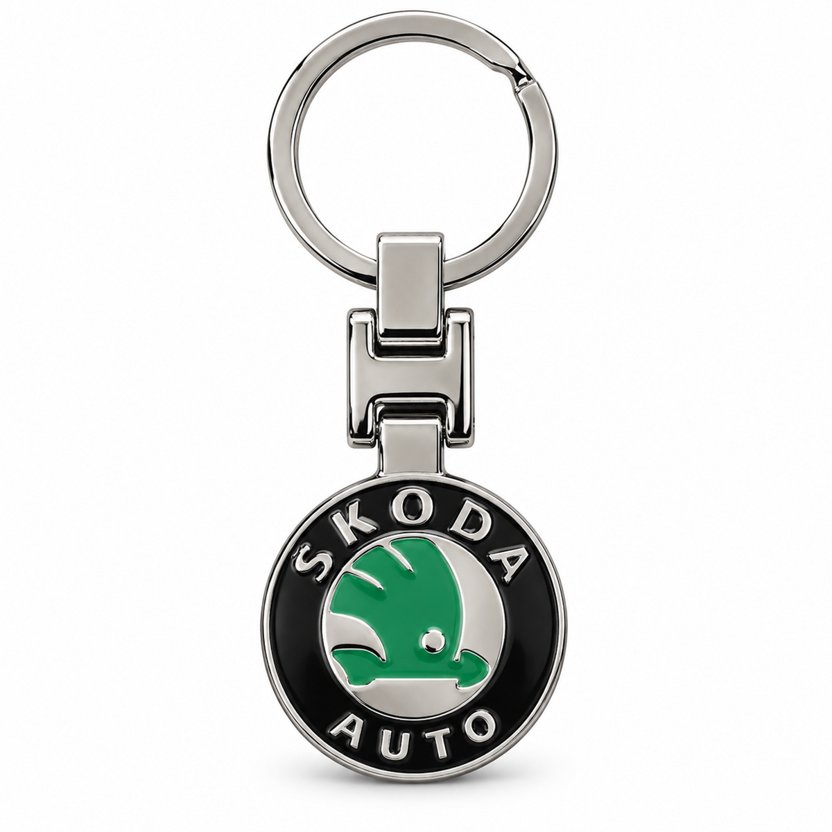 Metal car logo keychain with a round black and green logo