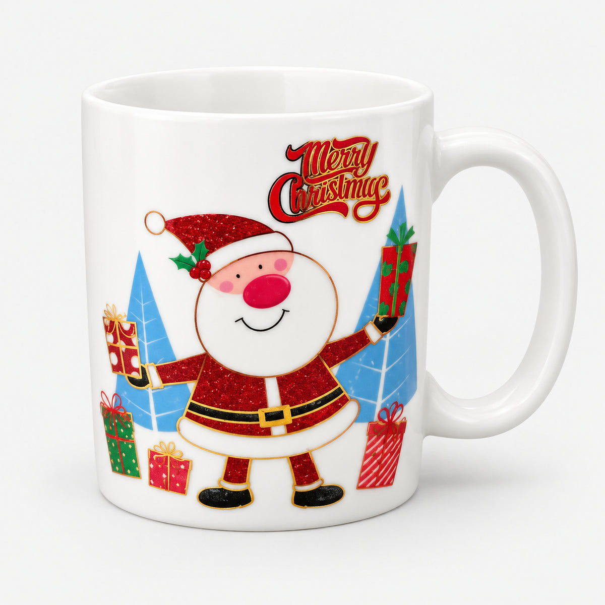 Christmas mug with white Santa and blue trees design