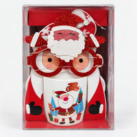 Christmas mug with white Santa and blue trees design and party glasses in a gift box