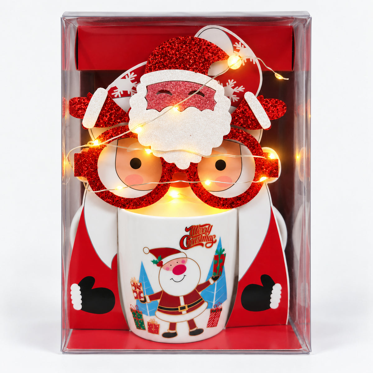 Christmas mug gift box with white Santa and blue trees design and light-up glasses switched on