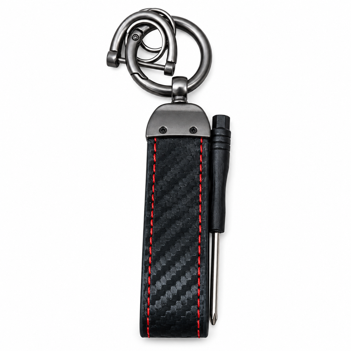 Carbon leather keychain with red stitching