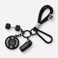 Black gym fitness keychain with mini dumbbell, weight plate and shaker bottle