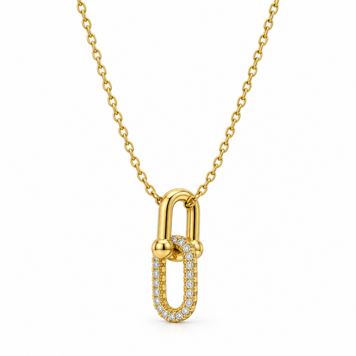 Gold-tone lock necklace with a smooth link interlocked with a sparkling stone-lined oval link