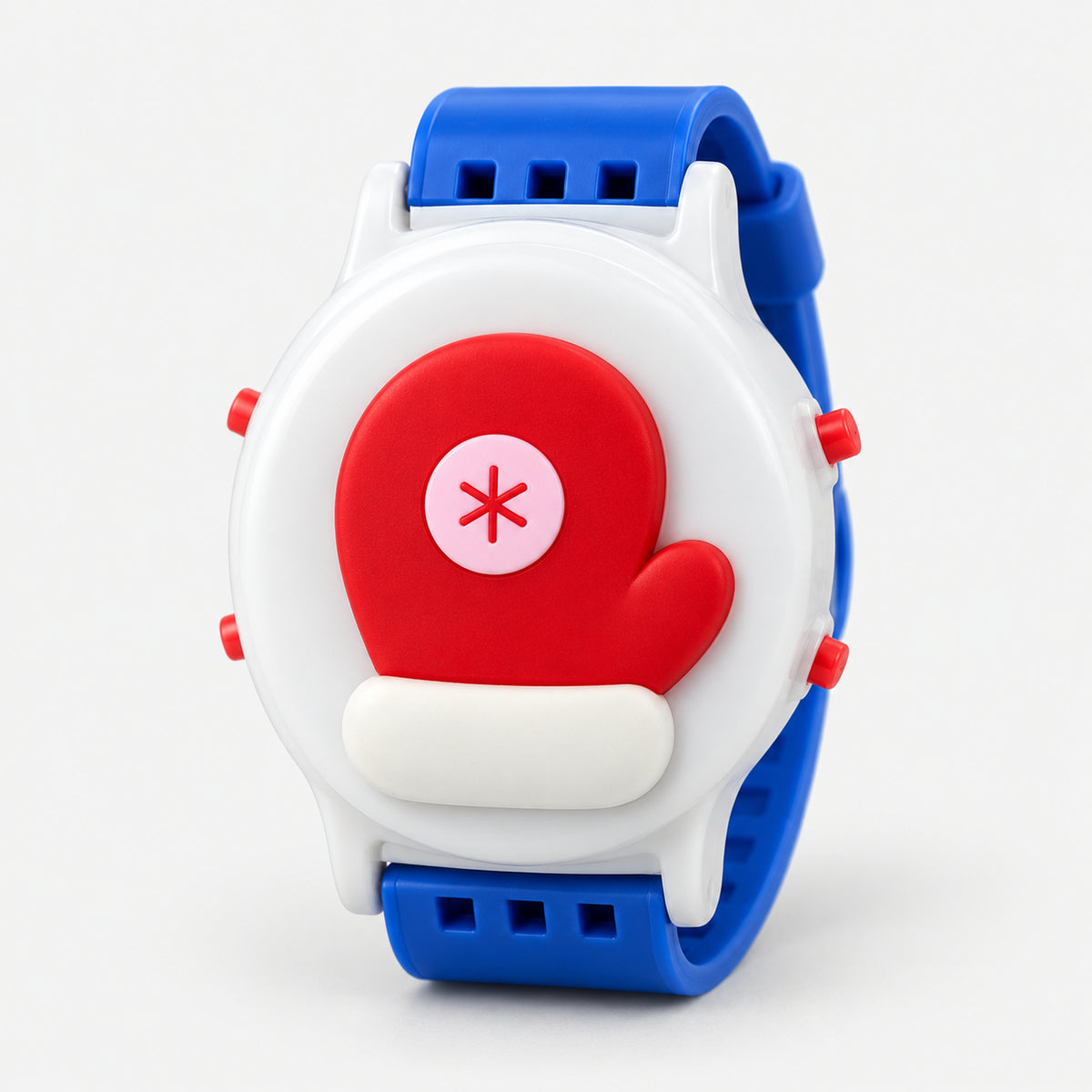 Kids' red mitten Christmas watch with a blue strap