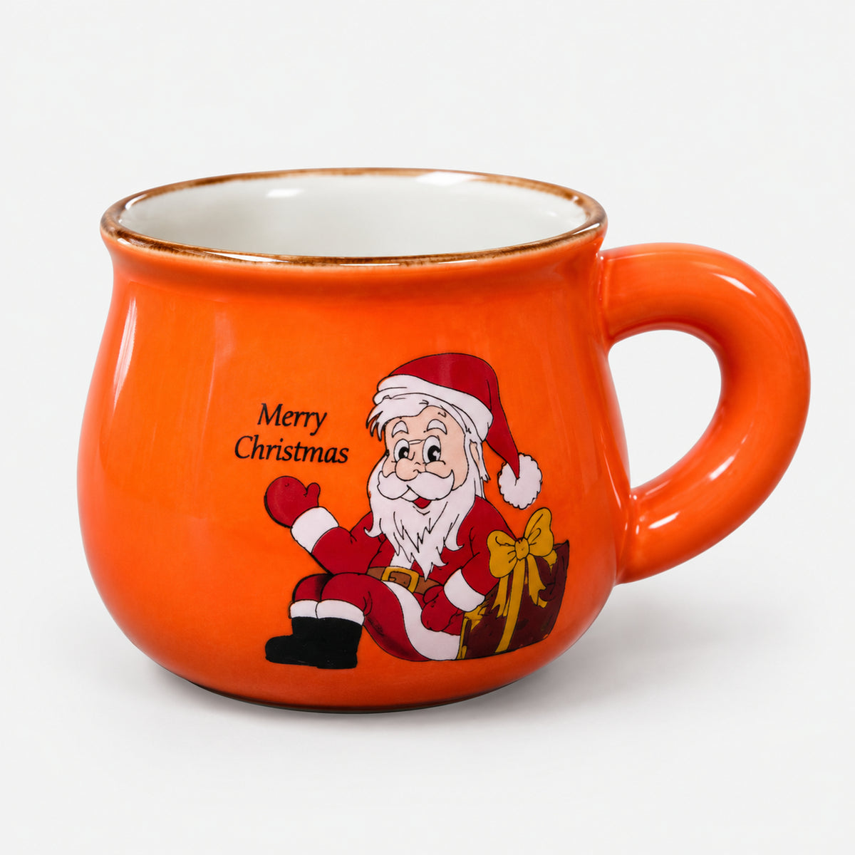 Orange rounded Christmas mug with Santa and a burgundy gift