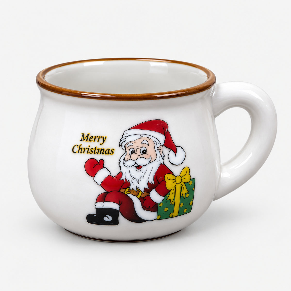 White rounded Christmas mug with Santa next to a green gift