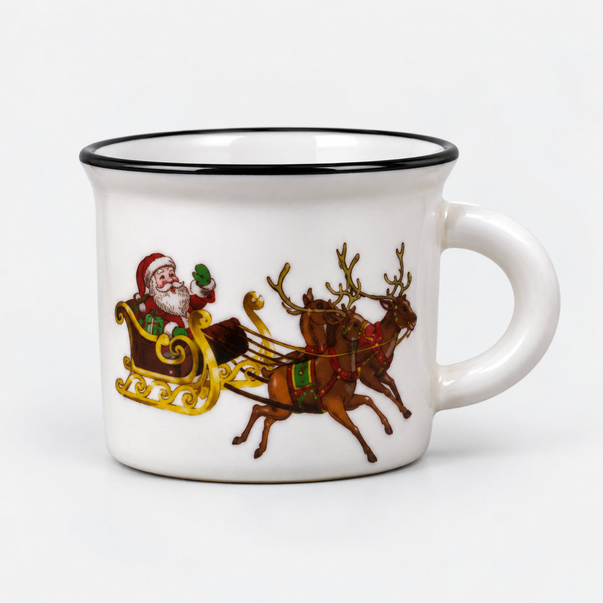 White Christmas mug with black trim, Santa's sleigh and reindeer design