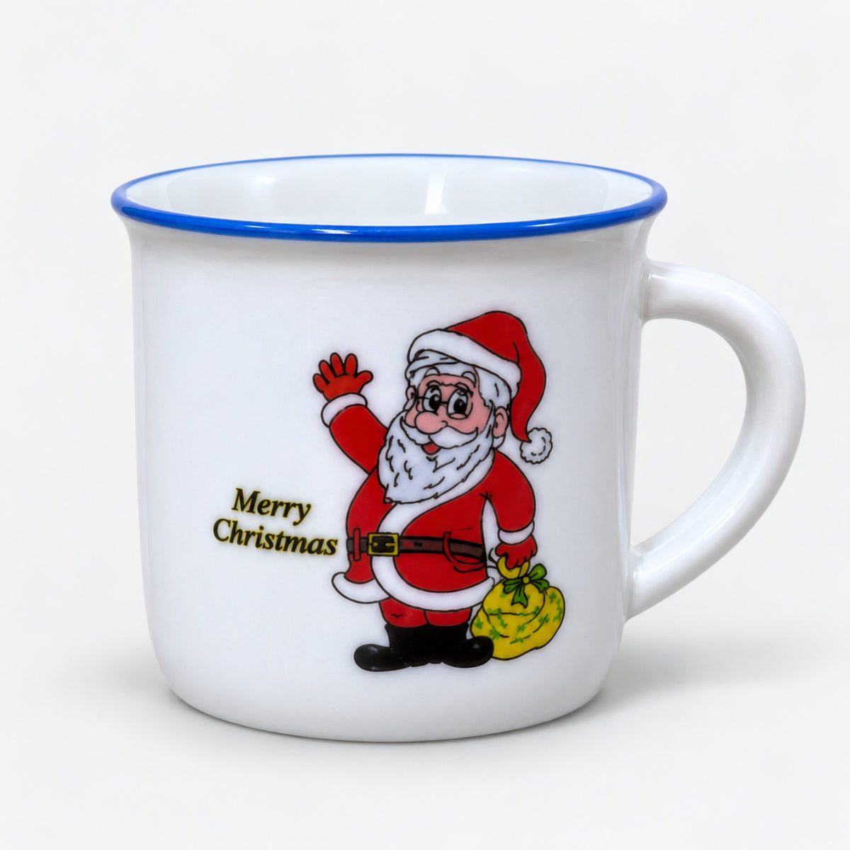 White Christmas mini mug with a blue rim and Santa waving with a yellow sack