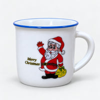White Christmas mini mug with a blue rim and Santa waving with a yellow sack
