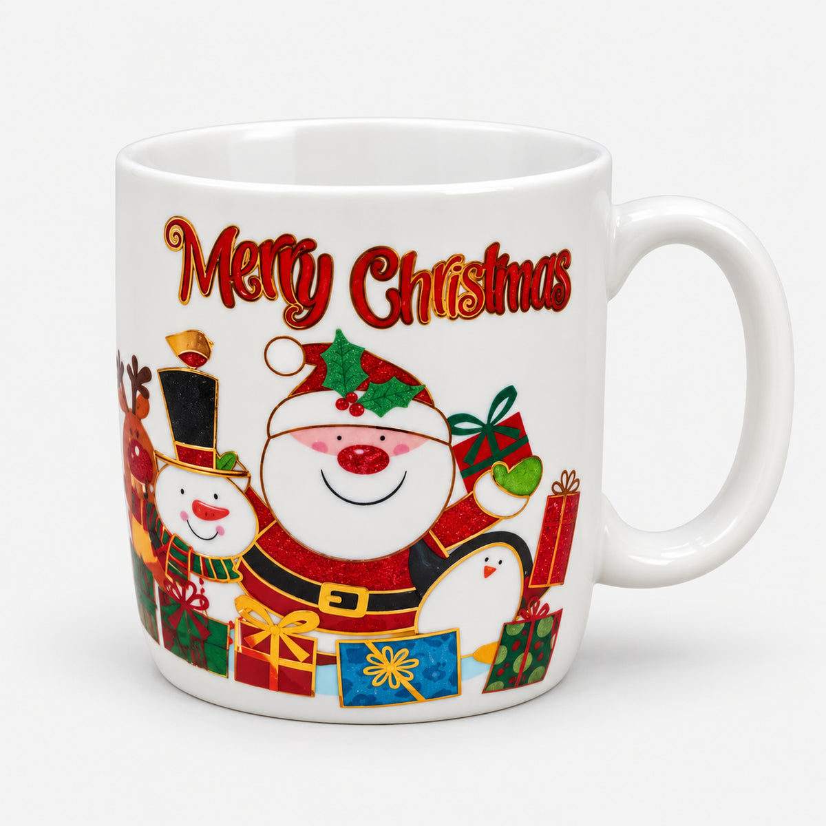 Christmas mug with white Santa, snowman and penguin design