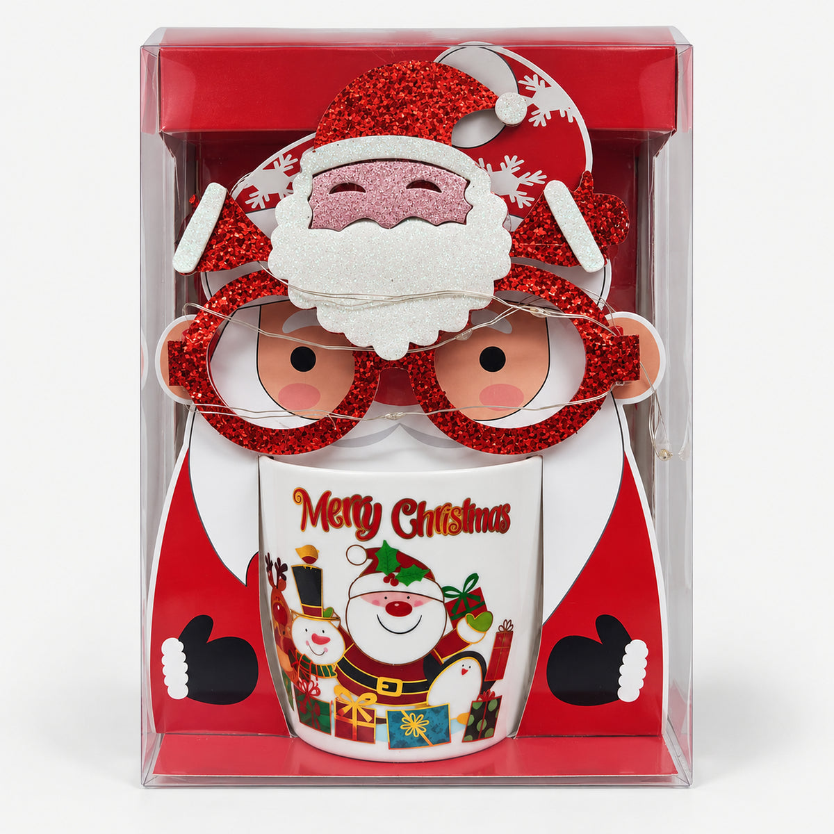 Christmas mug with white Santa, snowman and penguin design and party glasses in a gift box