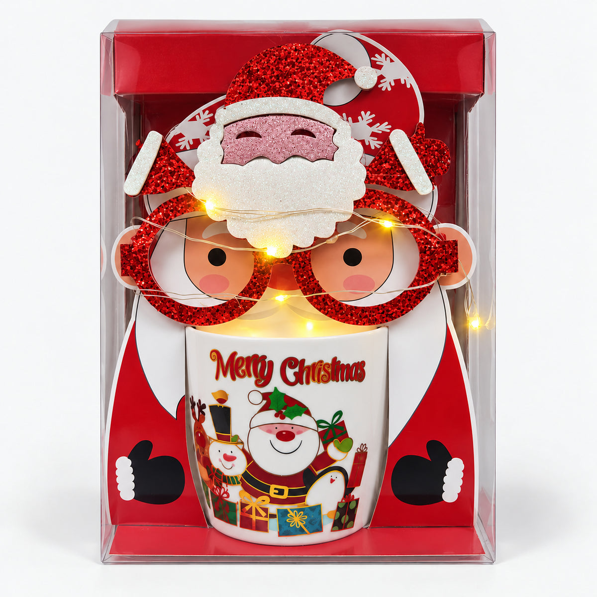 Christmas mug gift box with white Santa, snowman and penguin design and light-up glasses switched on
