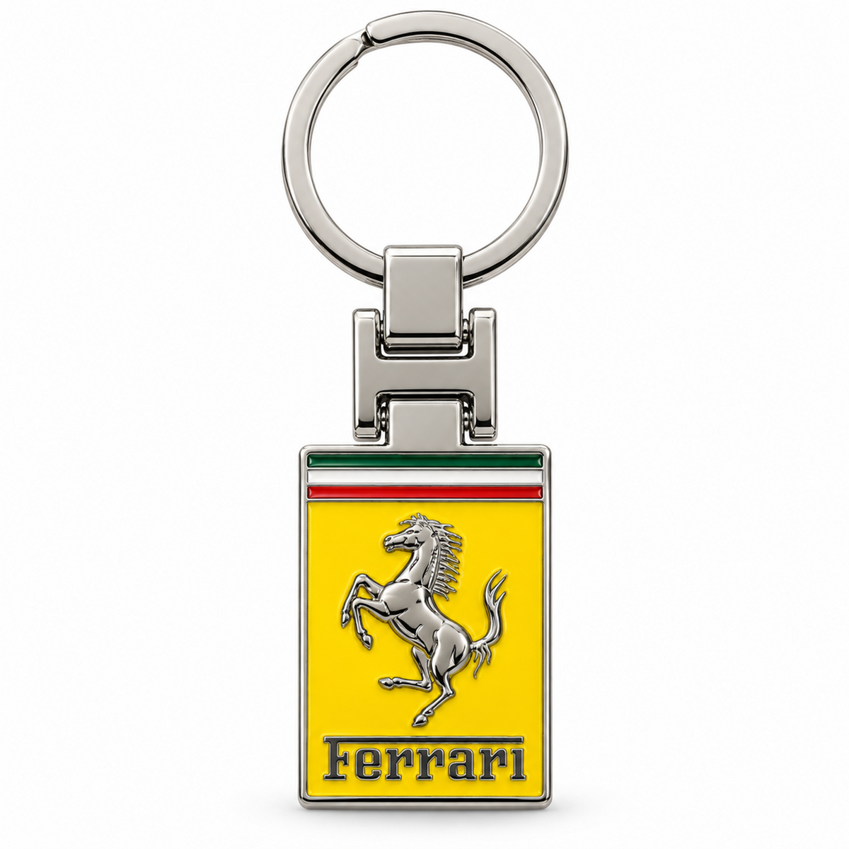 Metal car logo keychain with a yellow rectangular logo