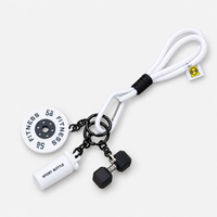 White gym fitness keychain with mini dumbbell, weight plate and shaker bottle