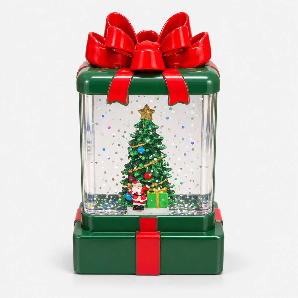 Green Christmas gift box lantern with a red bow, Christmas tree and Santa inside