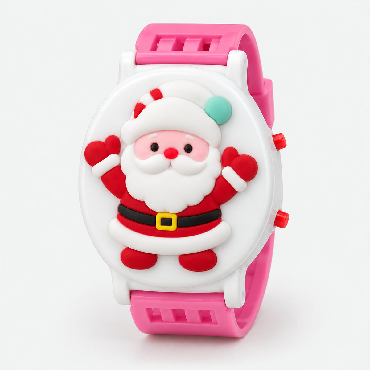Kids' Santa Christmas watch with red mittens and a pink strap